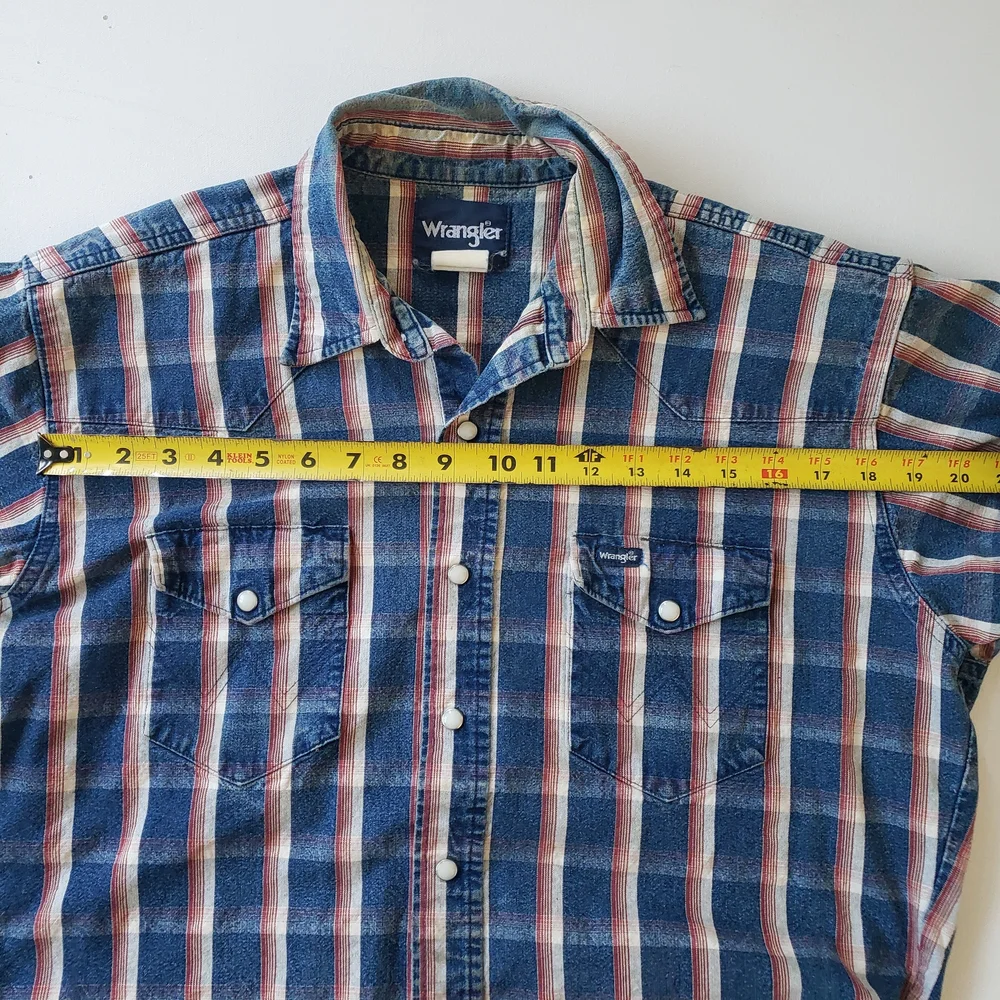 Slim Fit LRG Wrangler Mens Red White Blue Denim Plaid Button Up Western Shirt - Picture 9 of 14